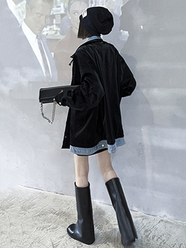 Original Stylish Cool Denim Split-Joint With Pocket Buttoned Lapel Collar Long Sleeves False Two Outwear