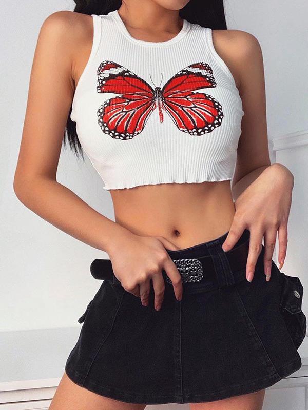 Fashion Butterfly Printed Wrap Sleeveless Vest Top