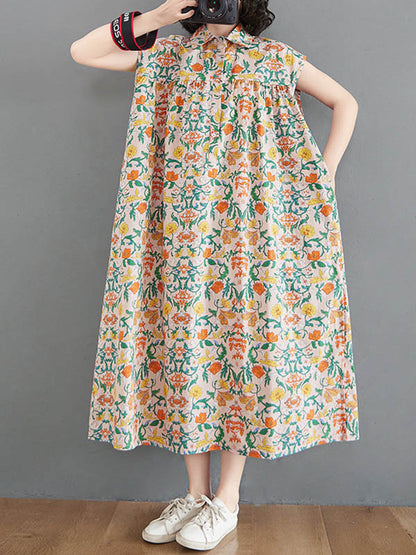 Artistic Retro Floral Printed Pleated Buttoned Lapel Collar Short Sleeves Midi Dress