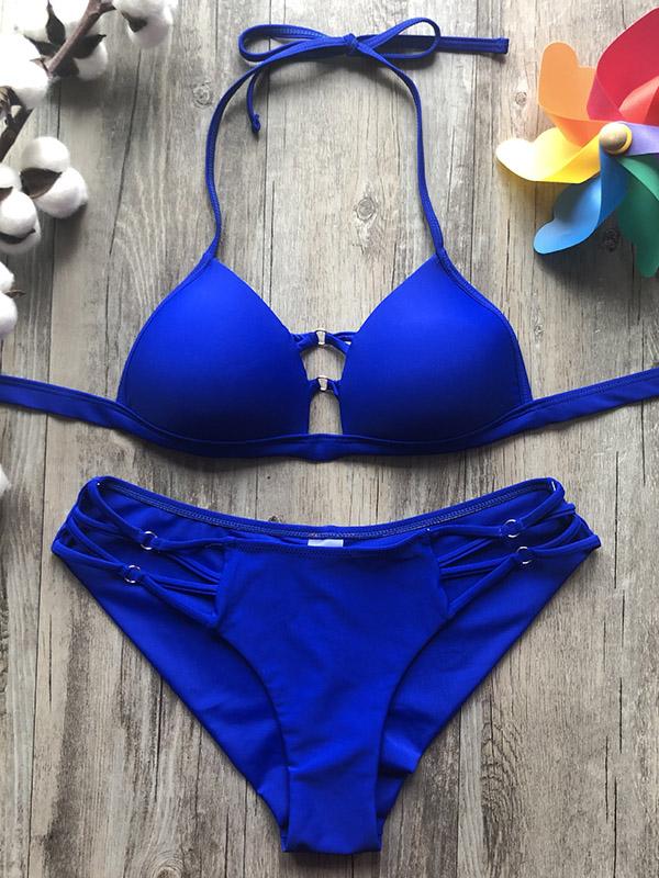 Solid Color Bandage Hollow Split Bikini Swimsuit
