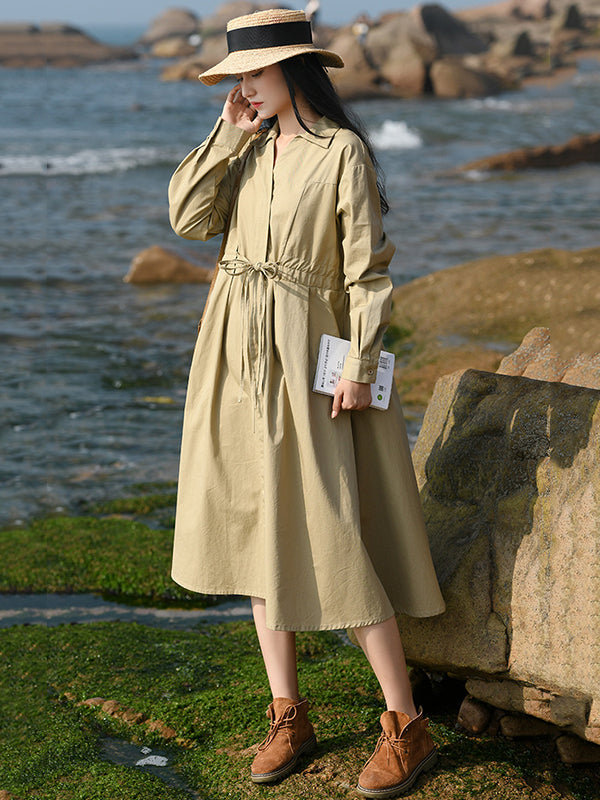 Casual Long Sleeves Loose Drawstring Tied Solid Color Lapel Collar Midi Dresses
