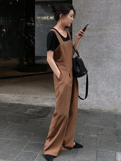 Coffee Straps Long Pants Jumpsuits