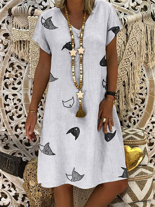 Cozy Printed V-neck Short Sleeves Midi Dress