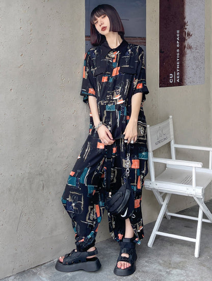 Stylish Printed Belted Split-Side Lapel Short Sleeves Jumpsuits
