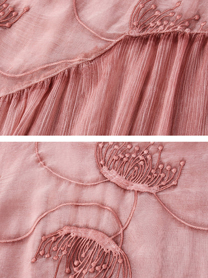 Original Artistic Retro Loose Embroidered Pleated Split-Joint Midi Dress