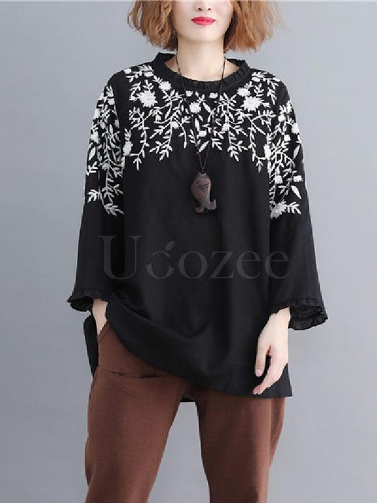 Loose Embroidered Round-neck Shirt