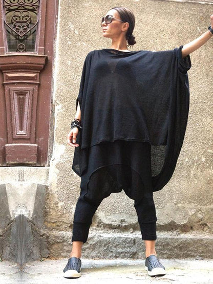 Loose Black Batwing Sleeves High-low T-shirt Tops