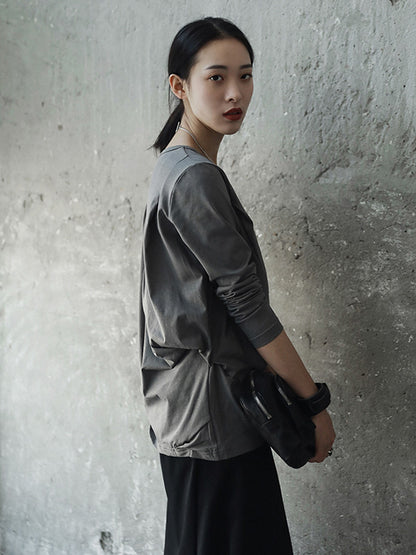 Casual Solid Color Pleated Long Sleeves Round-Neck T-Shirt Tops