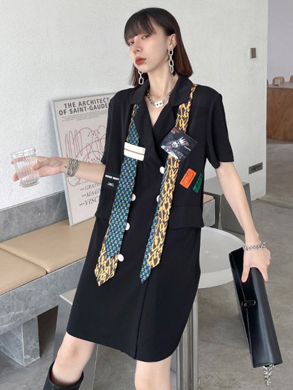 Stylish Buttoned Tie Split-Joint With Pocket Applique Notched Collar Short Sleeves Mini Shirt Dress