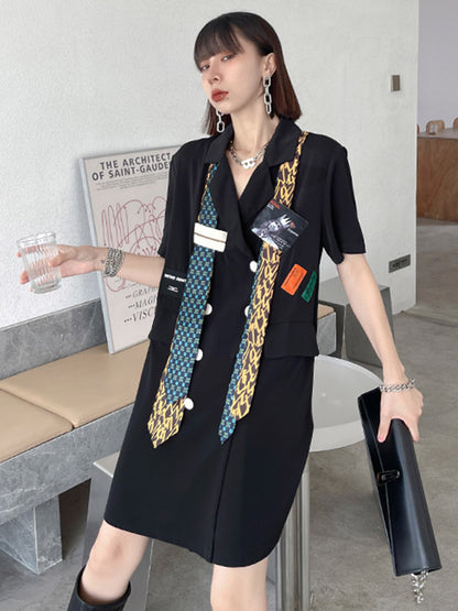 Stylish Buttoned Tie Split-Joint With Pocket Applique Notched Collar Short Sleeves Mini Shirt Dress