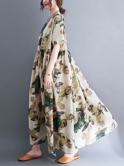 Original Artistic Retro Loose Pleated Floral Printed Midi Dress