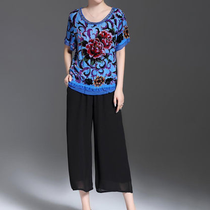 Casual Floral Round Neck And Wide Leg Pants