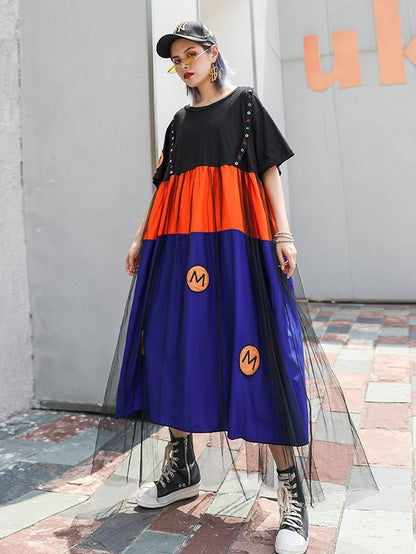 Loose Mesh Split-joint Short Sleeves Dress