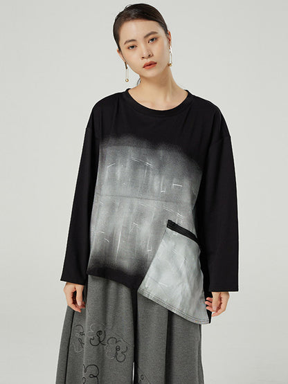 Original Asymmetric Split-Joint Gradient Round-Neck Long Sleeves T-Shirt Tops