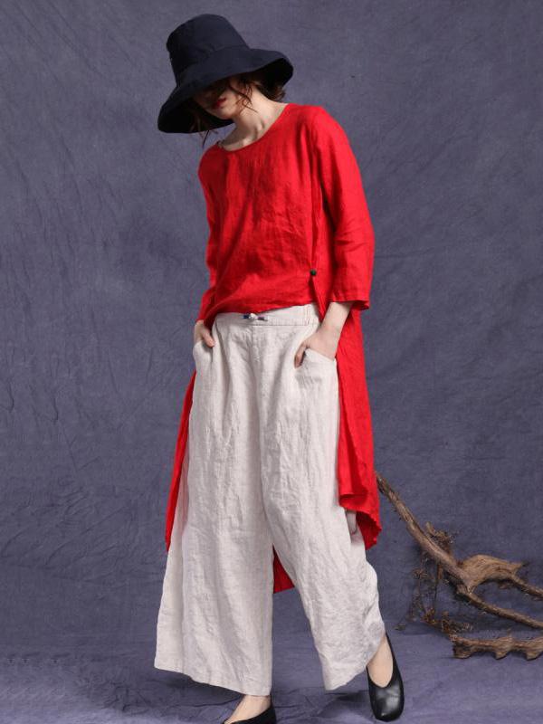 HIGH-LOW LINEN LOOSE SOLID SHIRT TOP