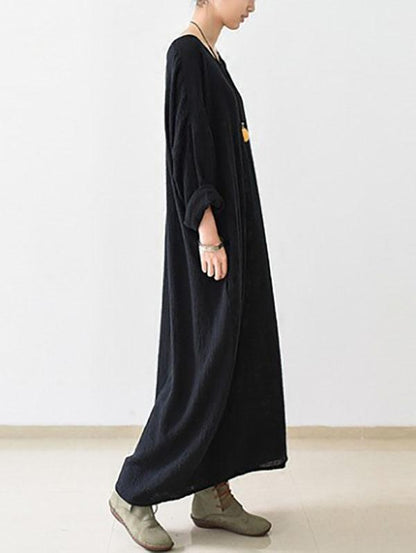 Thin Black Ramie Long Sleeve Caftans Long Dress