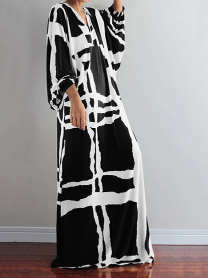 Original Casual Printed Color-Block V-Neck Batwing Sleeves Maxi Dress