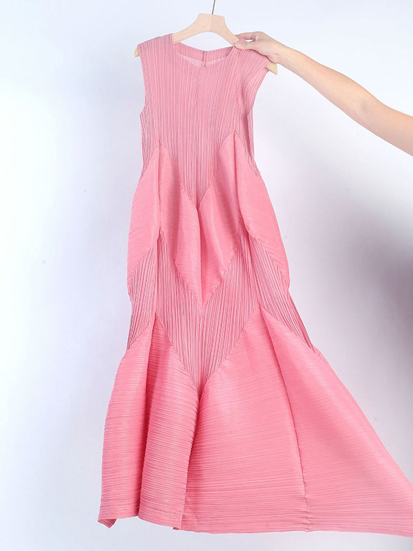 Casual Sleeveless Loose Pleated Solid Color Round-Neck Midi Dresses