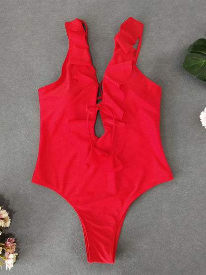 Plunge Falbala Plain One Piece Swimsuit