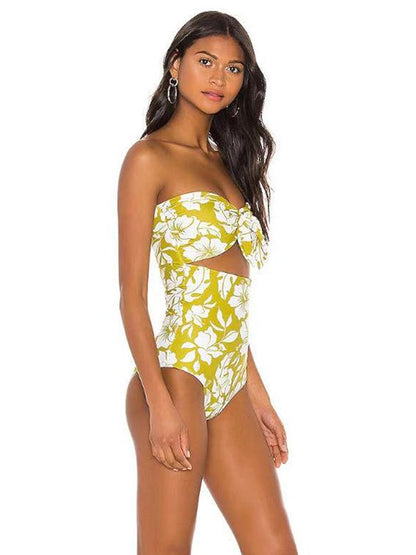 Strapless Bowknot Floral Printed One-Piece Swimwear