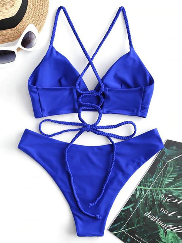 Solid Color Backless Bandage Split Bikini Swimsuit