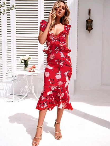 V-neck Floral Printed Chic Midi Dress
