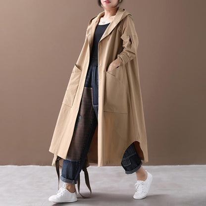 Buykud Loose Single-breasted Solid Color Hooded Windbreaker