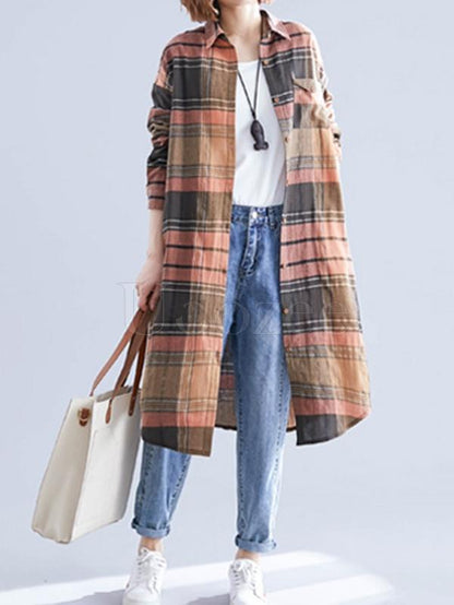 Loose Lapel Plaid Retro Shirt