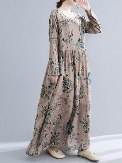 Vintage Ramie Cotton Floral Printed Round-Neck Long Sleeves Loose Maxi Dress