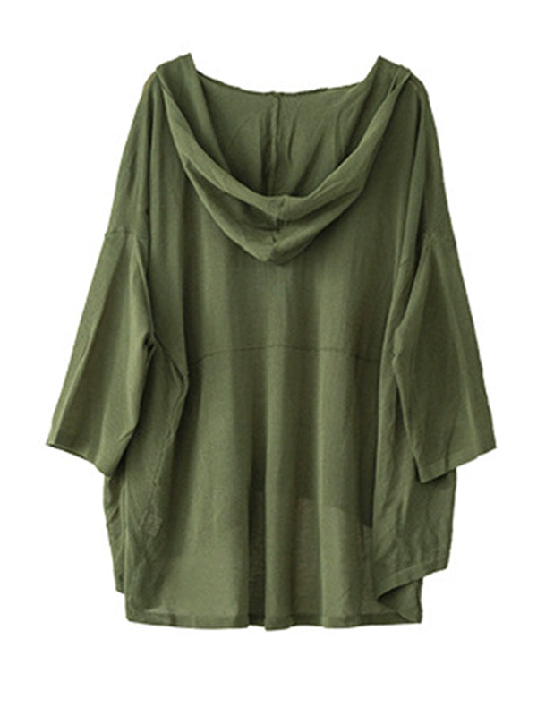 Casual Batwing Sleeve Hooded High-Low V-Neck Buttoned Cardigans