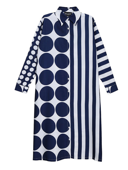 Original Striped Polka-Dot Split-Joint Buttoned Lapel Collar Long Sleeves Midi Shirt Dress