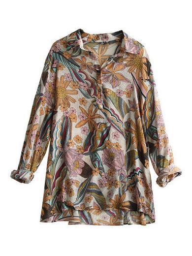 Artistic Retro Floral Lapel Shirt Blouse Tops