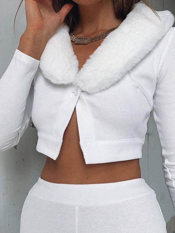 Fluffy Collar Solid Color Wrap Cardigan Tops - kailaple