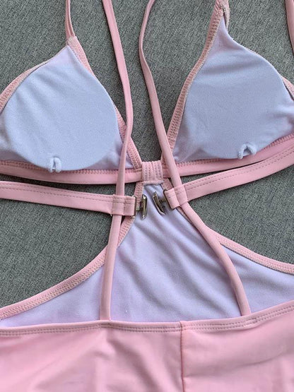 Solid Color Hollow Bandage Bikini Swimsuit