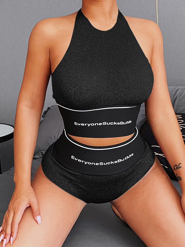 Casual Contrast Color Letter Print Sports Bra&Shorts Suits