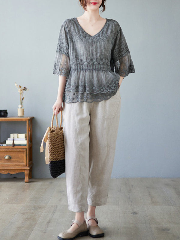 Original Loose Artistic Retro Lace Embroidered T-Shirt Top