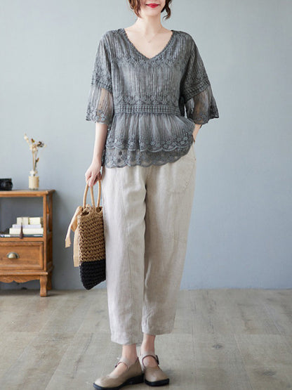 Original Loose Artistic Retro Lace Embroidered T-Shirt Top