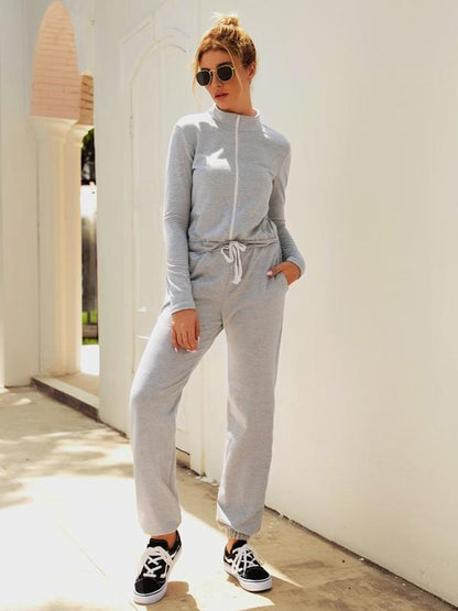 Solid Zipper Drawstring Jumpsuits