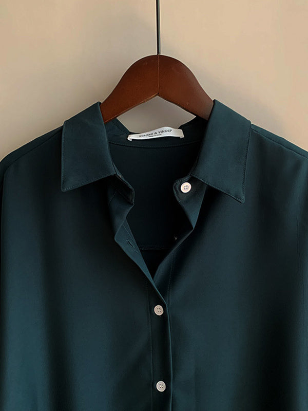 Simple Solid Color Buttoned Lapel Long Sleeves Blouse Tops