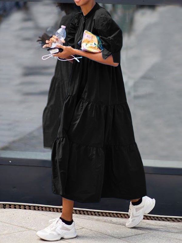 Original Solid Color Split-Joint Pleated Buttoned Stand Collar Half Puff Sleeves Midi Dress