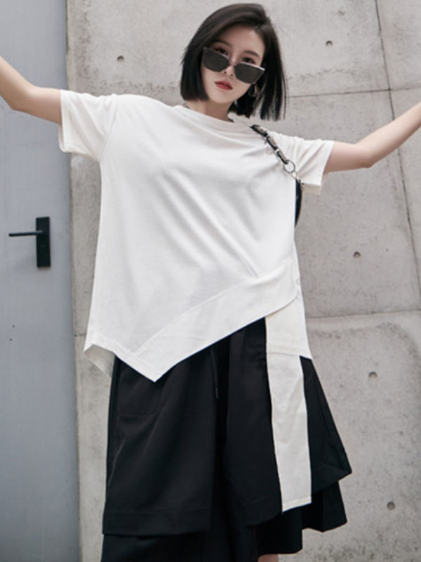 Original Black&White Asymmetric Round-Neck Short Sleeves T-Shirts