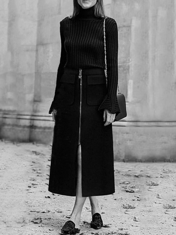 Solid Split-Front Zipper Skirts Bottoms