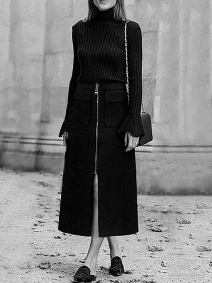 Solid Split-Front Zipper Skirts Bottoms