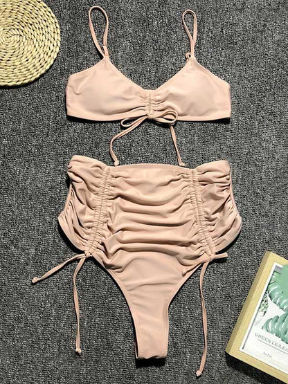 Solid Lace-Up Empire Bikini Swimsuit