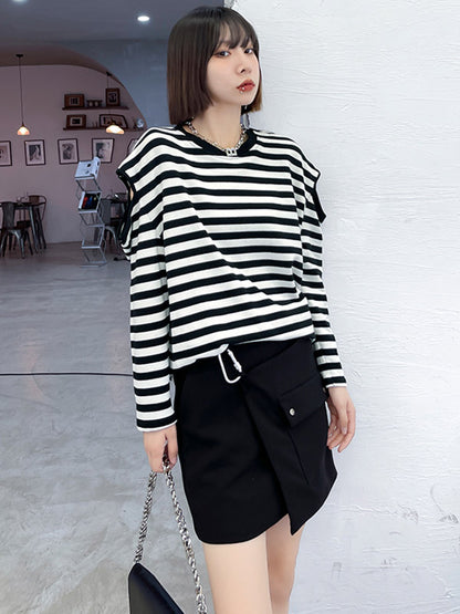 Original Stylish Striped Hollow Cold Shoulder Long Sleeves T-Shirt Tops