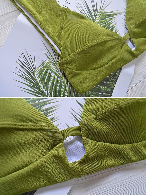 Solid Color Deep V-Neck Split Bikini Swimsuit