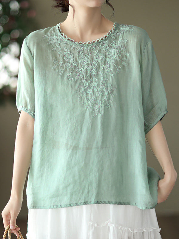 Artistic Retro Vintage Loose Ramie Cotton Embroidered T-Shirt Top