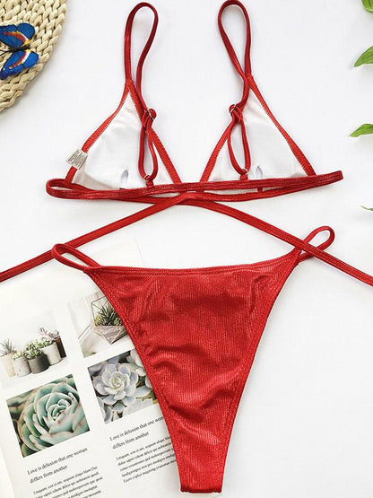 Spaghetti-Neck Bandage Split Type Bikini Swimsuit