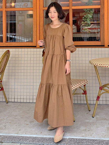 Casual Solid Color Pleated Drawstring Round-Neck Long Sleeves Midi Dress