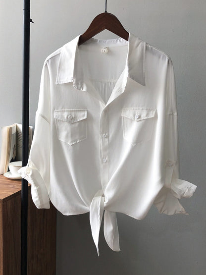 Urban Simple Solid Color Buttoned Split-Joint With Pocket Lapel Collar Long Sleeves Blouse